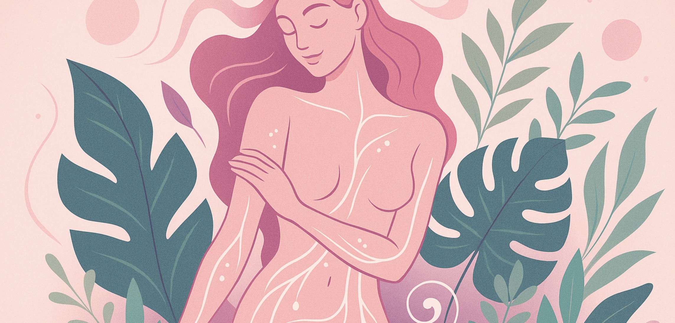 Illustration douce d’une silhouette féminine entourée de feuilles tropicales et flux lymphatiques stylisés