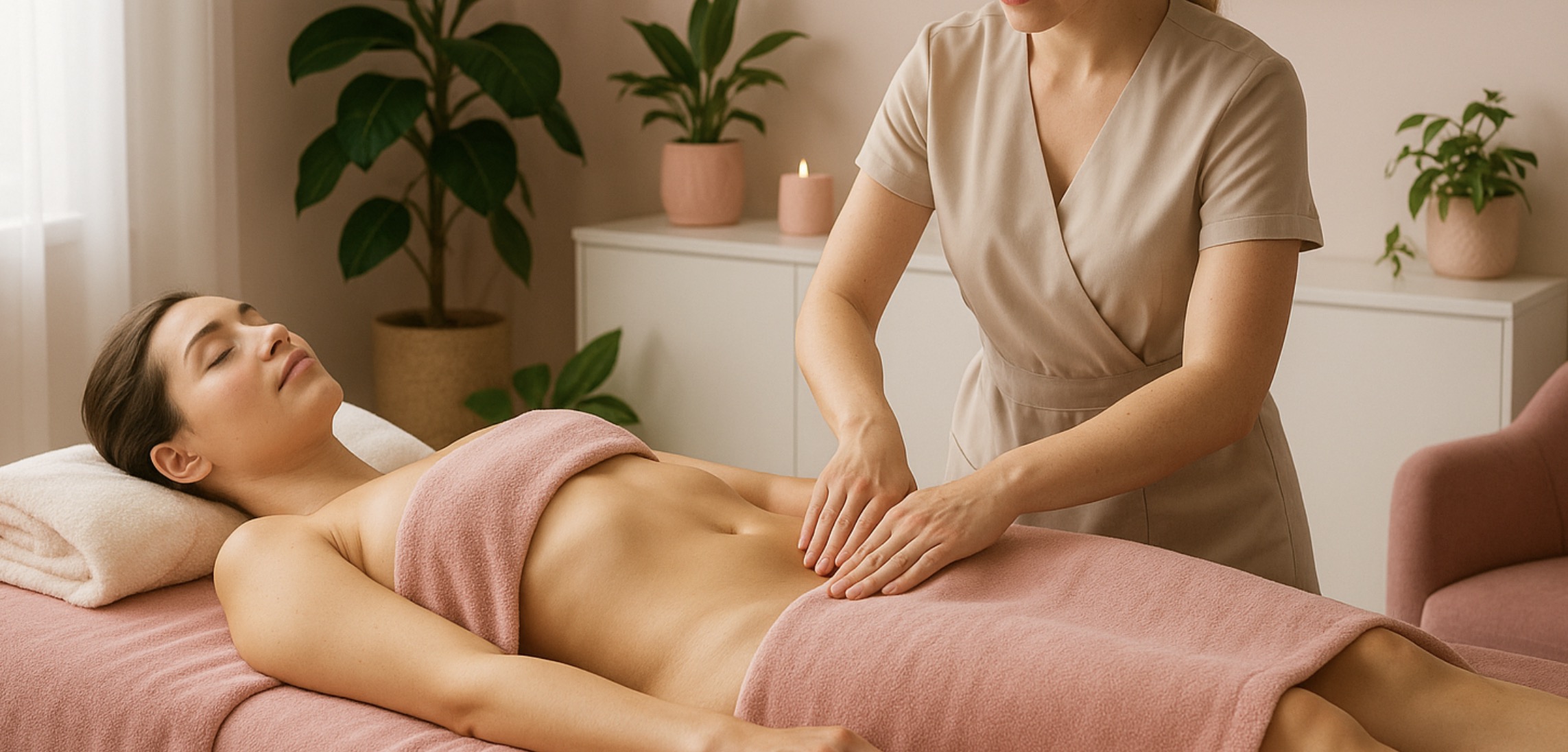 Massage drainage lymphatique dans une pièce claire aux tons roses, verts et beiges à Cannes